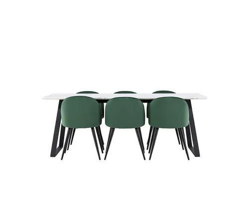 ebuy24 Malaga Essgruppe mit Esstisch und 6 Skagen Stühlen in Velour Grün - Elegante Essgruppe mit 200 cm Esstisch in Weiß und 6 stilvollen Skagen-Stühlen in Veloursgrün. Hochwertige Verarbeitung, modernes Design und unschlagbarer Preis für Ihr Zuhause.