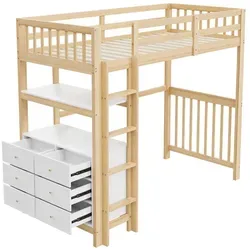 Hochbett,Einzelbett(Holzfarbe)Kinderbett,vertikale Sicherheitsleiter,Schubladen und Regale, hohes Zaundesign, Lattenrost, Bett aus Kiefernholz - Braun