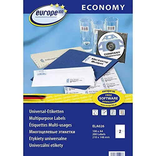 Europe100 Art. ELA026 Universal Etiketten (200 Klebeetiketten, 210x148,5mm auf A4, Papier matt, individuell bedruckbar, selbstklebende Versandaufkleber, kompatibel zu AVERY 3655) 100 Blatt, weiß