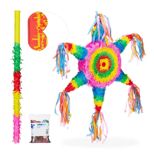 Relaxdays 4-teiliges Pinata Set Stern Mexiko - Buntes 4-teiliges Pinata Set mit Stern-Pinata, Stab und Augenmaske. Perfekt für Partys: Spaß für Kinder und Erwachsene! Wiederverwendbare Utensilien und 0,28 kg Konfetti sorgen für unvergessliche Momente.