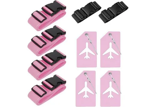 Einstellbarer Koffergurt Set 4er Rosa mit Anhängern - Das 10-teilige Set in leuchtendem Rosa sorgt für maximale Sichtbarkeit und sicheres Gepäck. Robuste Materialien garantieren Langlebigkeit, während die verstellbaren Gurte dein Gepäck sicher zusammenhalten. Perfekt für Reisen!