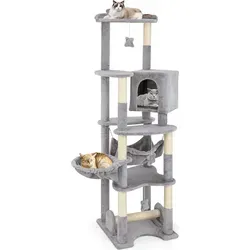 COSTWAY 176cm Kratzbaum Holz - Großes Katzenmöbel mit Höhle und Hängematte - Kratzbäume für Katzen: Bieten Sie Ihrer Katze mehrere Entspannungsplätze und eine innovative Kratzlösung mit stabiler Konstruktion und weichem Plüsch für höchsten Komfort.