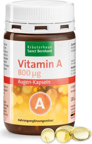 Sanct Bernhard Vitamin A-Augen-Kapseln - 180 Kapseln - Nahrungsergänzungsmittel zur Unterstützung der Sehkraft, enthält 800 µg Vitamin A pro Kapsel für normales Hell-Dunkel-Sehen und Immunsystem-Funktion.