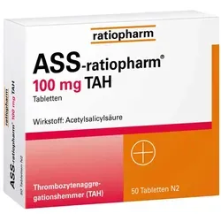 ASS ratiopharm 100mg TAH - Herzinfarkt-Vorbeugung - Arzneimittel zur Behandlung und Vorbeugung von Herzinfarkt und TIA, verbessert die Fließeigenschaften des Blutes durch Hemmung der Thrombozytenaggregation.