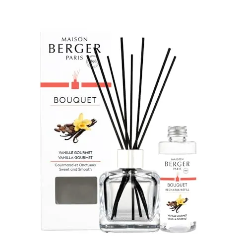 Maison Berger Leckere Vanille Raumduft Diffuser Bouquet aus Klarglas – 6 Schwarze Duftstäbchen mit 100 ml Duft-Nachfüllflasche – Französische Parfümkunst