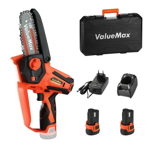 ValueMax Mini Akku Kettensäge 12V, 11CM/4 Zoll kleine Kettensäge mit 2 x 2,0 Ah Akku und Ladegerät inkl. Sicherheitsschloss Einhand Kettensäge Akku