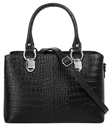 Umhängetasche CLUTY - Damen, echt Leder, schwarz, Made in Italy - Elegante Handtasche aus echtem Leder in trendiger Kroko-Optik. Mit 2-geteiltem Hauptfach und verstellbarem Schultergurt ideal für jeden Anlass. Made in Italy – für Stil und Qualität.
