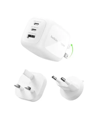 Belkin 3-Port USB C Ladegerät, 70W - USB Ladegerät mit 3 Anschlüssen, ideal für gleichzeitiges Laden von MacBook, iPhone und mehr. Schnelles Laden dank GaN-Technologie, kompakt und perfekt für Reisen.