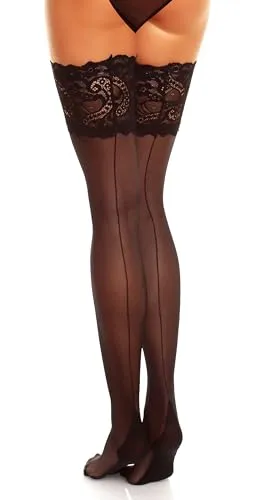 GLAMORY Damen Halterlose Naht-Strümpfe Couture 20 DEN, Schwarz, XXX-Large - Halterlose Strümpfe mit eleganter Optik, ideal für besondere Anlässe. Der breite Spitzenabschluss mit Silikonstreifen sorgt für sicheren Halt und hohen Tragekomfort.