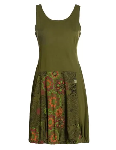Vishes Alternative Bekleidung - Damen mittellanges Kleid Baumwolle Blumen-Muster Ballonkleid ärmellos Olive 40