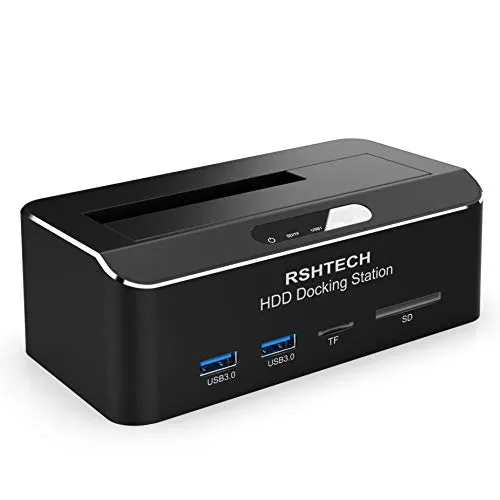 Festplatten Docking Station, RSHTECH Aluminium USB 3.0 Festplatten Dockingstation für 2.5 & 3.5 Zoll SATA HDD SSD, mit SD & TF Karte und ABS Federabdeckung, unterstützt zu 6 Gbit/s und 24 TB Laufwerke