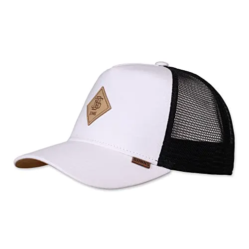 Djinns Jersey Patch Trucker Cap - White/Black - Baseball Caps für Herren, mit leicht vorgebogenem Schirm und verstellbarem Plastikverschluss für perfekten Sitz.