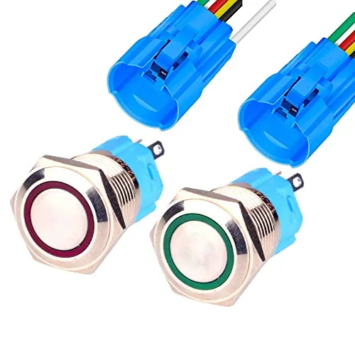 Gebildet 2Stücke 16mm Edelstahl Kurzzeitiger Drucktasten 12V-24V 5A LED 1NO1NC SPDT ON Off Wasserdichter Momentan Drück Knöpfe mit Steckdose Stecker (Rot + Grün LED)