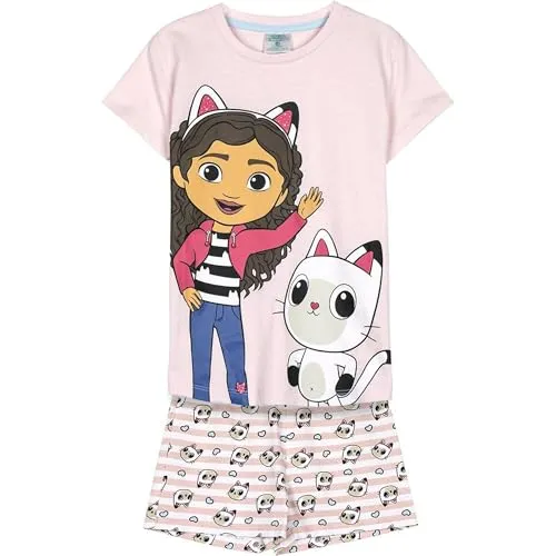 Gabby's Dollhouse kurzer Schlafanzug - Rosa und Weiß - Größe 6 Jahre - Schlafanzug für Jungen - 100% Baumwolle 145gsm - Gabby Print und Paws Panty - Original Produkt entworfen in Spanien