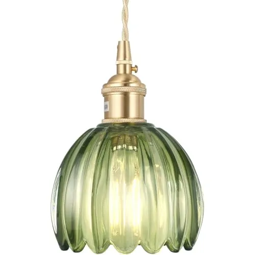 Glas Hängelampe mit Batterie und Fernbedienung, Wiederaufladbare LED-Hängeleuchte， Ohne Stromanschluss Hängelampen ，,dimmbare Retro Hängelampe Batterie, Dimmbare Pendelleuchte mit 6 RGB-Farben.(Green)