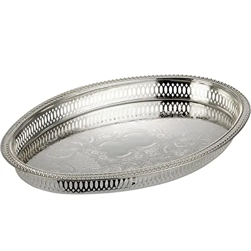 großes XL Silbertablett 37 x 26 cm - ovales versilbertes Dekotablett mit hohem Rand ohne Füße - modernes Gallerie Deko Serviertablett für Speisen und Getränke - ohne Griffe