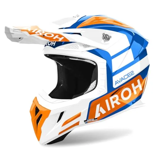 Airoh Aviator Ace 2 Sake Motocross Helm, weiss-blau-orange, Größe S - Motorradhelm mit ASN für optimale Sicherheit und AEFR für schnellen Notfallzugang. Ideal für anspruchsvolle Motocross-Fahrer.