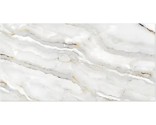 Wand- und Bodenfliese Alabaster Cleo Light 60x120 cm glänzend rektifiziert - Hochwertige Feinsteinzeugfliese in Gold, Grau und Weiß, ideal für stilvolle Wände und Böden, rektifiziert für präzise Fugen.
