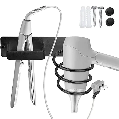 Lostwry Haartrocknerhalter Fönhalter Wandmontage Aluminium Föhn Halterung Föhnhalterung und Glätteisenhalter mit Kabelhalter für Baderzimmer Wohnzimmer Barbershop - Schwarz (1pcs)