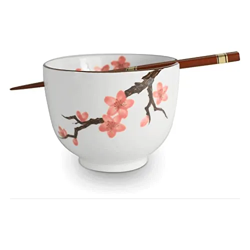 AAF Nommel®, große Reisschale mit Essstäbchen aus Holz „Sakura“ hell mit Kirschblüte, Nr. 077