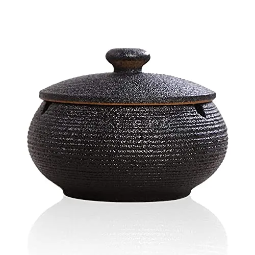 Webao Aschenbecher aus Keramik mit Deckel für Draußen Retro Windaschenbecher Kreativer Standaschenbecher für Home Office Dekoration, Schwarz