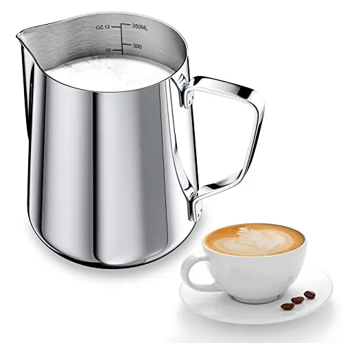 Newaner 350ml Milchkännchen zum Milchaufschäumen 304 Edelstahl, Silber | Milchkanne mit Messung Mark 12oz Barista, Milch Pitcher Cappuccino, Espresso, Latte Art, Perfekt für Kaffeeliebhabe