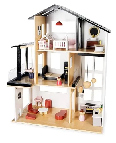 Leomark Modernes Puppenhaus im Loft-Stil - Puppenhäuser mit Holzaccessoires und Möbeln, fördert Kreativität und Fantasie bei Kindern ab 3 Jahren.