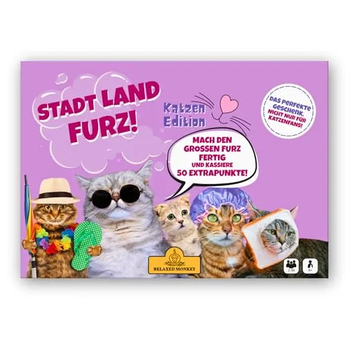 Relaxed Monkey Stadt Land Furz – Katzen Edition | Reisespiele | DIN A4 | Familienspiel | Geburtstagsgeschenk | Stadt Land Fluss | Spielabend