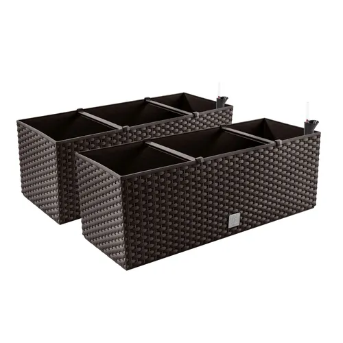 2in1 Set Balkonkasten Blumenkasten Rattan-Optik - Körbe, Blumentöpfe, -kästen & Untersetzer, inkl. Bewässerungssystem für optimale Pflanzenpflege, ideal für Balkon-Deko in Braun, rechteckig, 51 cm breit.