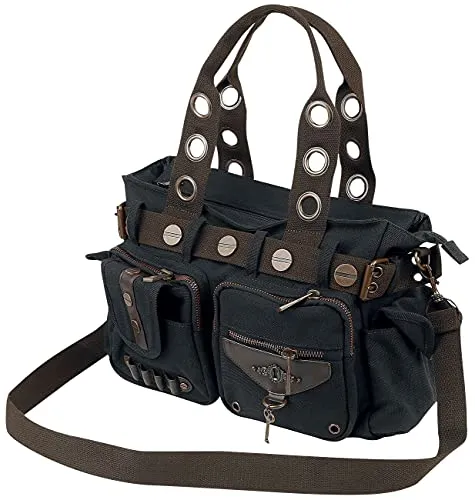 Banned Alternative Umhängetasche Uni Black Brown Key Bag - Stylische Umhängetasche im Steampunk Design mit gepolstertem Laptopfach und mehreren Fächern für optimale Organisation. Ideal für Uni und Freizeit, ein echter Hingucker für Gothic-Fans.