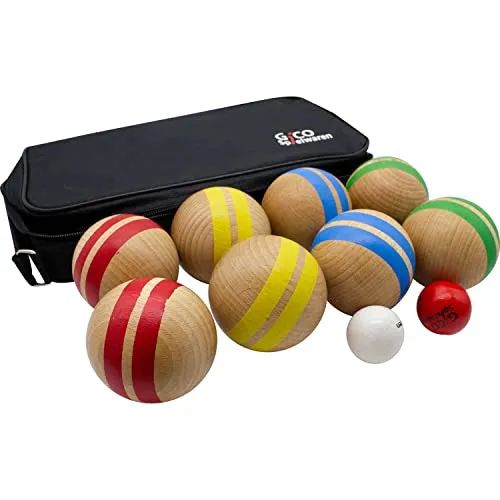 GICO Boccia Spiel aus Massivholz, gestreift mit 8 Kugeln - Bodenspiele: Hochwertiges Boccia Spiel aus Massivholz mit 8 stabilen Kugeln (Durchmesser 7 cm) für stundenlangen Spielspaß im Garten oder am Strand. Ideal für die ganze Familie!
