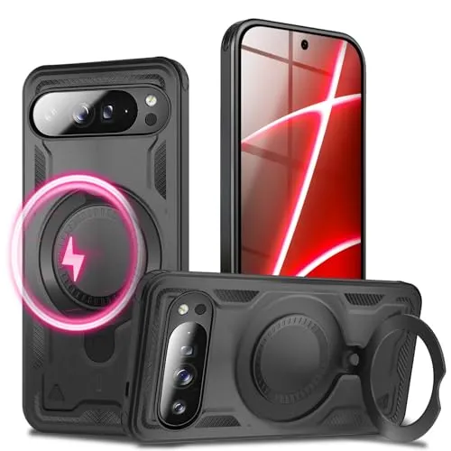 NALIA Stormguard passend für Google Pixel 10 Pro Hülle für MagSafe (Unzerstörbare Panzerhülle), Schlagfeste Schutzhülle im Military Look, 360° Ring Ständer, Outdoor Armor Cover, Farbe:Vulkanschwarz
