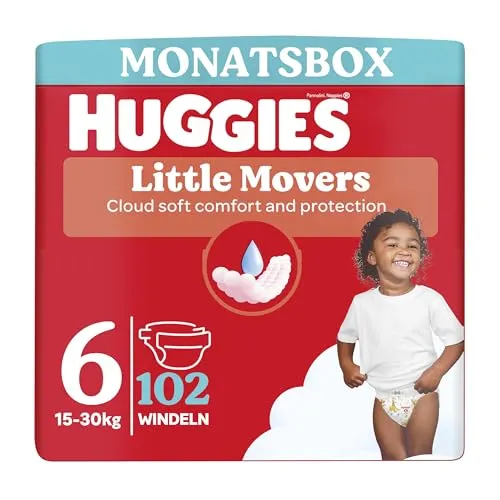 Huggies Little Movers Baby-Windeln, Disney-Design, Größe 6, 102 Stück - Monatsbox mit 102 Huggies Baby-Windeln im Disney-Design, ideal für Babys von 15-30 kg. Anatomisches Design und bis zu 12 Stunden Auslaufschutz für unbeschwerte Bewegungsfreiheit.