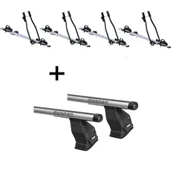 4x Fahrradträger SAGITTAR + Menabo Tema Dachträger für VW T5 Caravelle - Fahrradträger Set für VW T5 Caravelle ab 2009, ideal für den aufrechten Transport von bis zu 4 Fahrrädern, einfach zu montieren und für alle Fahrradtypen geeignet.