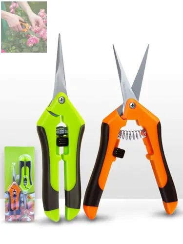 Linkgood 2 Stück Klein Gartenschere, Titanbeschichtete Klingen, Ergonomischer Feststellgriff für präzises Schneiden, Ernteschere für Blumen, Früchte, Gemüse, Hecken (Grün & Orange)