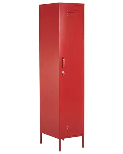 BELIANI Metallschrank Rot Stahl 185cm hoch - Moderner Kleiderschrank aus Stahl mit abschließbarer Tür und 5 Fächern. Ideal für Wohnzimmer, Schlafzimmer oder Büro – bietet sicheren Stauraum und praktische Türhaken für Dekoration.