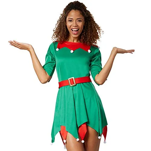 tectake® Festliche Weihnachtselfe - Kostüme für die Weihnachtszeit, zauberhaftes zweiteiliges Set in klassischen Farben mit verspielten Details für einen unvergesslichen Auftritt auf jeder Feier.