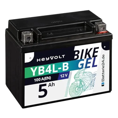 Batterie24.de HeyVolt GEL Rollerbatterie 12V 5Ah - Motorradbatterie mit GEL-Technologie, wartungsfrei und auslaufsicher, bietet über 30% mehr Startleistung für alle Motorradtypen.