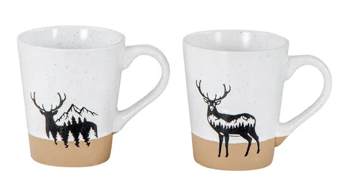 Levandeo® Becher, 2er Set Steingut Tassen 360ml Hirsch Kaffeetasse Natur Becher Modern