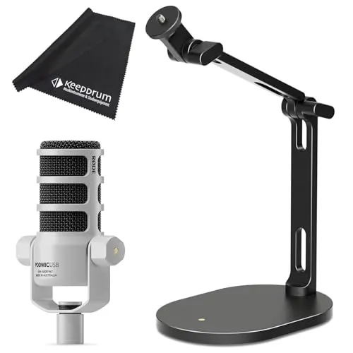 Rode Podmic USB XLR Dynamisches Sprecher-Mikrofon Weiss mit DS-2 Tisch-Stativ und keepdrum Mikrofasertuch