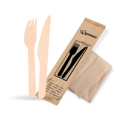 VEPATIM 500 Einweg Bestecksets aus Holz kompostierbar 3-teilig Gabel Messer Serviette hygienisch verpackt 50 Sets