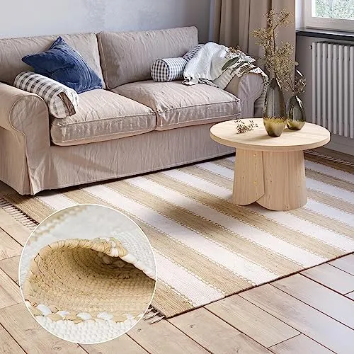 MY-RUG Chindi Fleckerlteppich 120 x 170 cm - Beige Weiß gestreift, handgewebt, recycelte Baumwolle als Flickenteppich und Wendeteppich, moderner Kelim Teppich Aarav