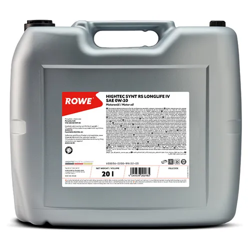 ROWE HIGHTEC SYNTH RS LONGLIFE IV SAE 0W-20 (20 L) Motoröl - Teilsynthetisches Hochleistungs-Motorenöl für moderne Pkw mit optimiertem Temperatur-Viskositätsverhalten und hervorragenden Kaltstarteigenschaften – ideal für verlängerte Wartungsintervalle.