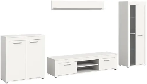 xonox.home Wohnkombination Jam in Weiß, 184x159x35 cm - Moderne Wohnwand in elegantem Weiß, aus hochwertigem Melamin gefertigt. Ideal für stilvolle Wohnräume und TV-Geräte bis 65 Zoll. Praktische Aufbewahrungslösungen mit 2 Türen und 3 Einlegeböden.