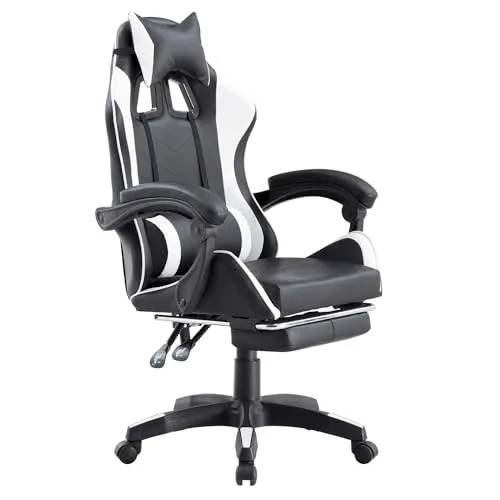 Brigros Ergonomischer Gaming-Stuhl mit Armlehnen, Bürostuhl mit Rollen, Fußstütze, Kopfstütze und Lendenkissen aus Kunstleder, Tragkraft: 125 kg (Weiß)