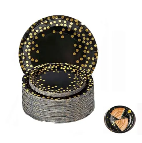 Wxinsheng Pappteller,50 Stück Party Dekoration Pappteller Wiederverwendbares,Schwarz mit Golddruck Gepunktete Papier Teller zum Servietten zum Geburtstag,Hochzeiten,Jubiläums (23 cm)