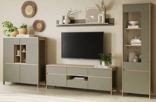Furn.Design Wohnwand Finnes, 4-teilig in Salbei und Eiche - Skandinavische Wohnwand Finnes, 4-teilig, 363 x 195 cm, mit viel Stauraum und Soft-Close-Funktion. Ideal für modernes Wohnen und perfekte Kombination mit weiteren Möbeln.