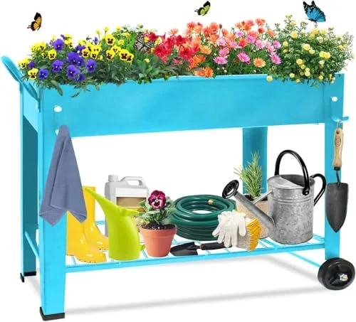 Hochbeet, Stehender Pflanzkasten, Blumenkasten mit Ablageboden, Kräuterbeet, Hochbeete-Kit aus Metall, Pflanzbeet Blumenbeet für Garten Balkon Terrasse, 100 x 28 x 80 cm, Rechteckig, Blau