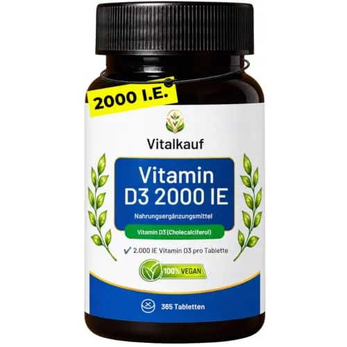 Vitalkauf Vitamin D3 2000 I.E. – 365 vegane Tabletten – 50 µg Vitamin D3 – für Knochen, Muskelfunktion & Immunsystem – Langzeitvorrat – laborgeprüfte Qualität – Nahrungsergänzungsmittel