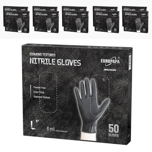 EUROPAPA® Nitrilhandschuhe DiamantGrip – 500 Stück extra dick (8 mil, L, Schwarz) - Extra dicke Nitrilhandschuhe für optimalen Schutz in anspruchsvollen Umgebungen. Die diamanttexturierte Oberfläche sorgt für einen sicheren Griff und weniger Schwitzen – ideal für Bau, Industrie und Gastronomie.